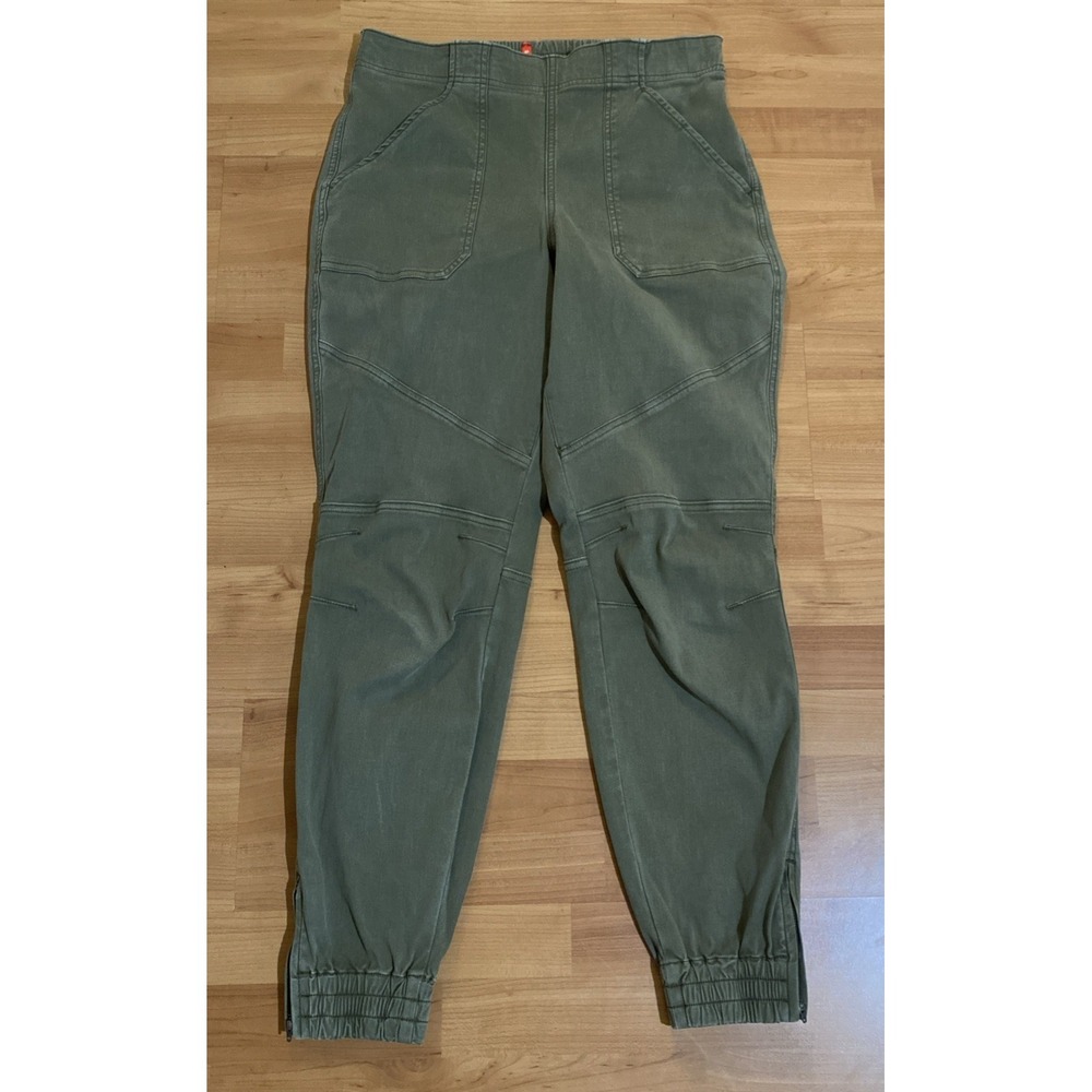 Spanx Pants Womens Large Green Army Canvas Elastic Cuffs‎ Ankle Zip Jogger